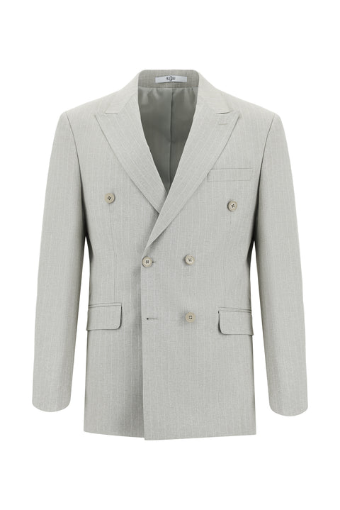 Light Beige 7 Drop Slim Fit Narrow Cut Double-Breasted Striped Suit