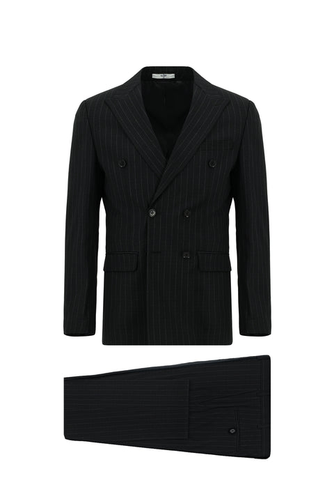 Black 6-Drop Regular Fit Standard Cut Striped Double-Breasted Suit