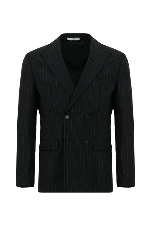 Black 6-Drop Regular Fit Standard Cut Striped Double-Breasted Suit