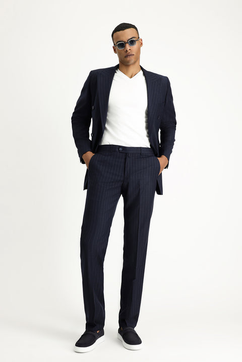 Dark Navy 7 Drop Slim Fit Striped Double-Breasted Suit