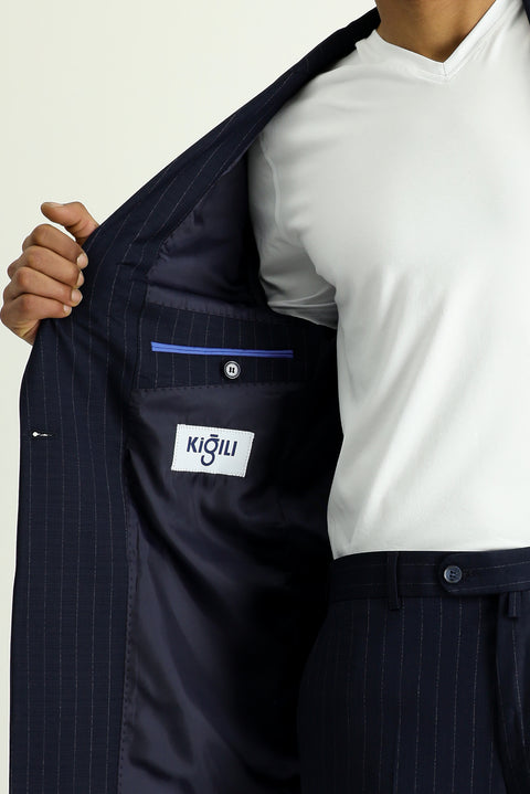 Dark Navy 7 Drop Slim Fit Striped Double-Breasted Suit