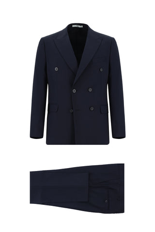  Koyu Lacivert 7 Drop Slim Fit Dar Kesim Çizgili Kruvaze Takım Elbise