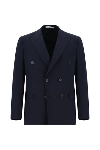  Koyu Lacivert 7 Drop Slim Fit Dar Kesim Çizgili Kruvaze Takım Elbise
