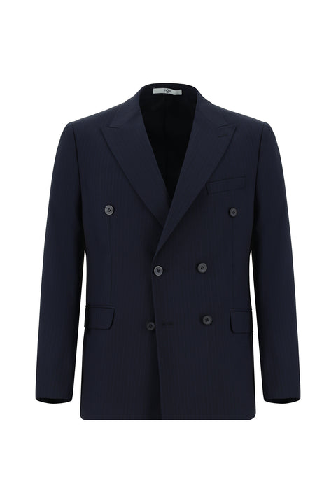Koyu Lacivert 7 Drop Slim Fit Dar Kesim Çizgili Kruvaze Takım Elbise