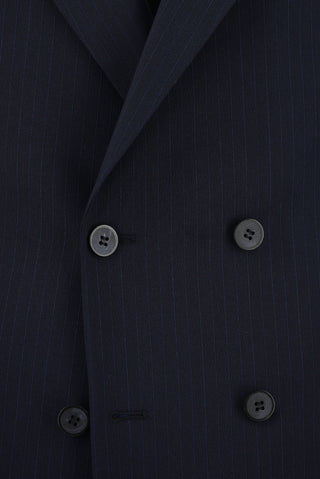  Koyu Lacivert 7 Drop Slim Fit Dar Kesim Çizgili Kruvaze Takım Elbise