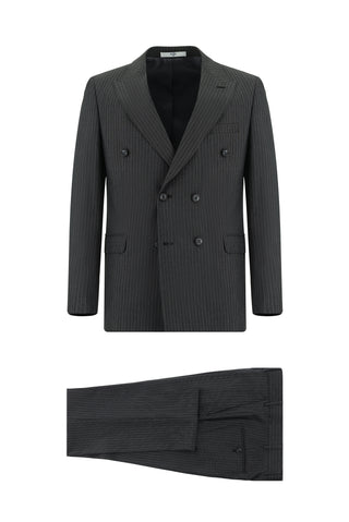  Koyu Antrasit 7 Drop Slim Fit Dar Kesim Çizgili Kruvaze Takım Elbise