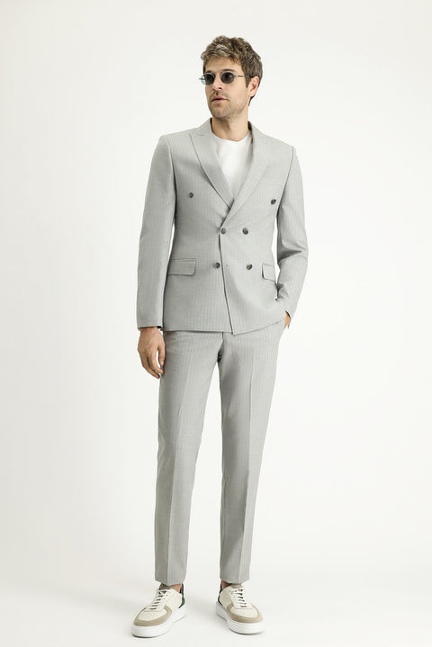 Medium Grey 7 Drop Super Slim Fit Extra Narrow Cut Double-Breasted Striped Suit