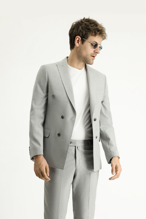 Medium Grey 7 Drop Super Slim Fit Extra Narrow Cut Double-Breasted Striped Suit