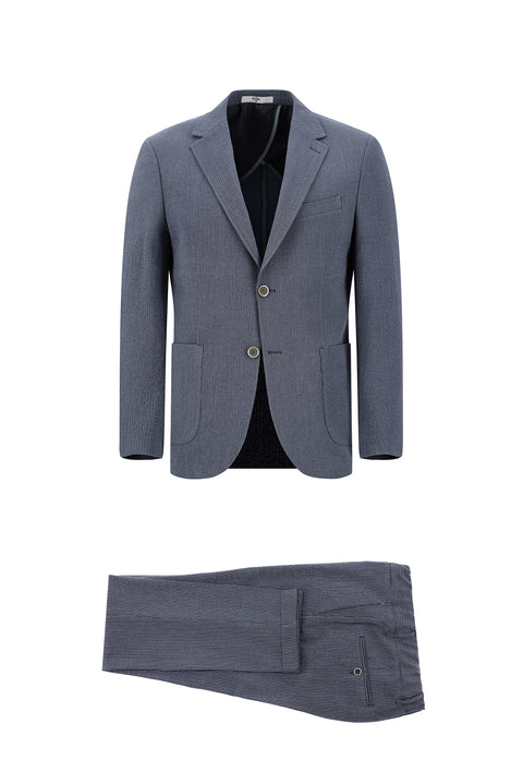 Light Navy Blue 7 Drop Slim Fit Striped Elasticated Waist Drawstring Suit
