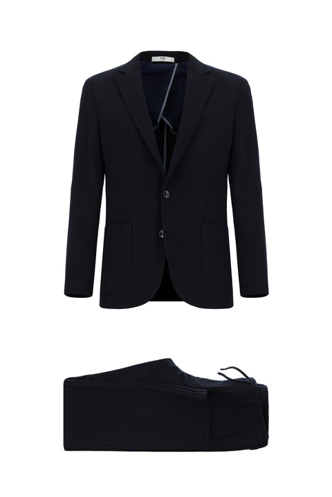 Black and Navy Blue 7 Drop Slim Fit Striped Elastic Waist Drawstring Suit