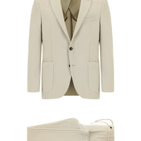 Off-white 7-drop slim fit striped suit with elasticated drawstring waist.