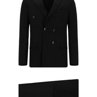 Black 7 Drop Super Slim Fit Extra Narrow Cut Striped Elastic Waist Drawstring Double-Breasted Suit