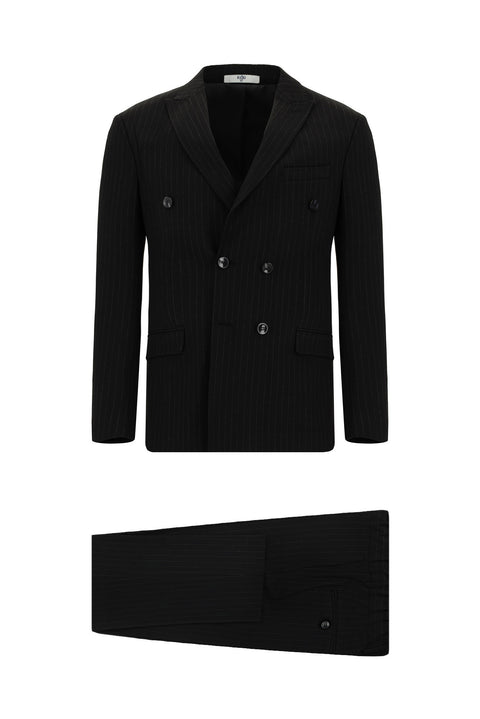 Black 7 Drop Super Slim Fit Extra Narrow Cut Striped Elastic Waist Drawstring Double-Breasted Suit