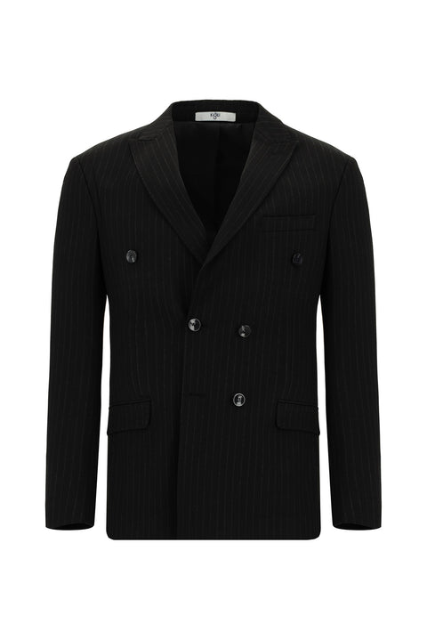 Black 7 Drop Super Slim Fit Extra Narrow Cut Striped Elastic Waist Drawstring Double-Breasted Suit