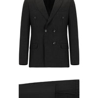 Dark Gray 7 Drop Super Slim Fit Extra Narrow Cut Striped Elastic Waist Drawstring Double-Breasted Suit