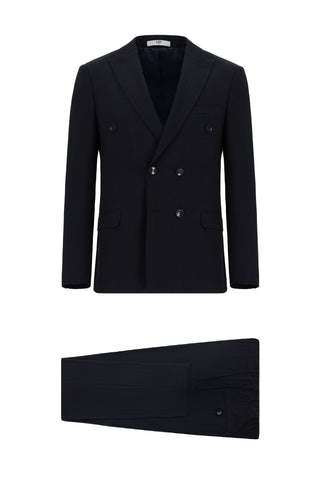  Koyu Lacivert 7 Drop Super Slim Fit Eksra Dar Kesim Çizgili Beli Lastikli İpli Kruvaze Takım Elbise