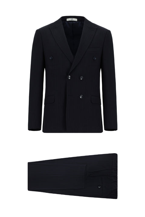 Dark Navy 7 Drop Super Slim Fit Extra Narrow Cut Striped Elastic Waist Drawstring Double-Breasted Suit