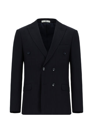  Koyu Lacivert 7 Drop Super Slim Fit Eksra Dar Kesim Çizgili Beli Lastikli İpli Kruvaze Takım Elbise