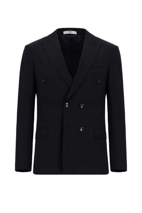 Dark Navy 7 Drop Super Slim Fit Extra Narrow Cut Striped Elastic Waist Drawstring Double-Breasted Suit
