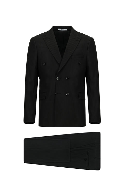 Black 6-Drop Regular Fit Standard Cut Striped Double-Breasted Suit