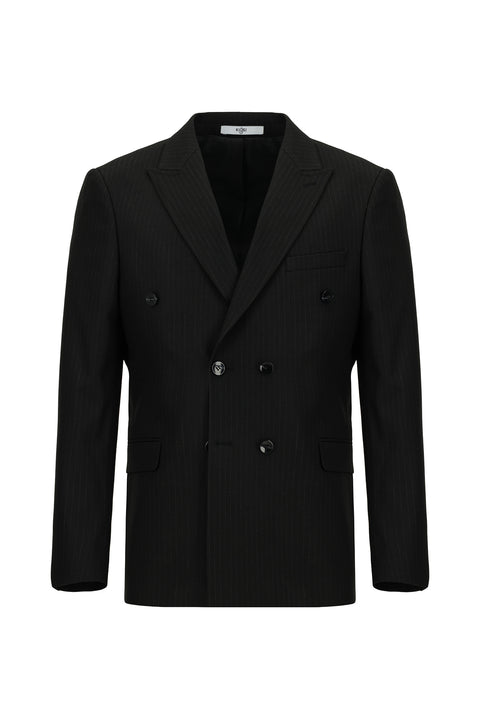 Black 6-Drop Regular Fit Standard Cut Striped Double-Breasted Suit