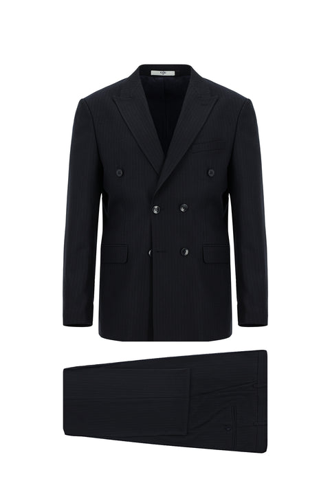 Dark Navy 6 Drop Regular Fit Standard Cut Striped Double-Breasted Suit