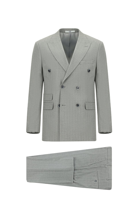 Medium Grey 7 Drop Slim Fit Striped Double-Breasted Suit