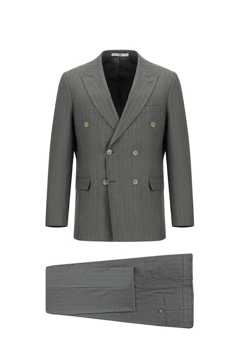 Medium Gray 7 Drop Slim Fit Striped Double-Breasted Suit