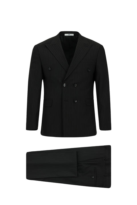 Black 6-Drop Regular Fit Standard Cut Striped Double-Breasted Suit