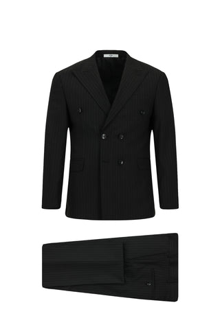  Siyah 7 Drop Slim Fit Dar Kesim Çizgili Kruvaze Takım Elbise