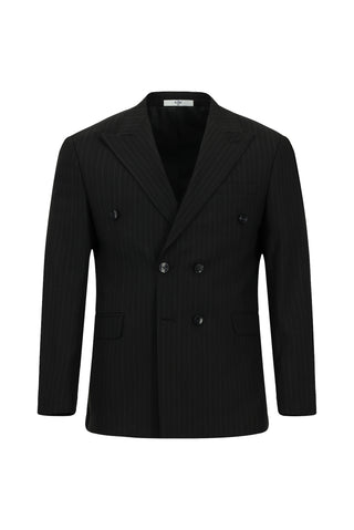  Siyah 7 Drop Slim Fit Dar Kesim Çizgili Kruvaze Takım Elbise