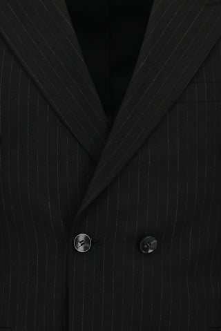  Siyah 7 Drop Slim Fit Dar Kesim Çizgili Kruvaze Takım Elbise