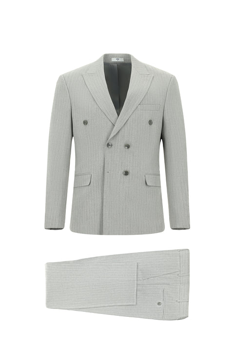 Light Grey 7 Drop Slim Fit Striped Double-Breasted Suit