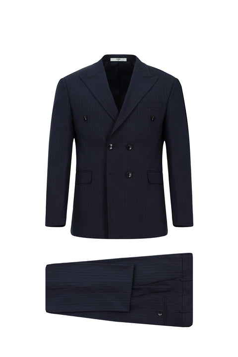 Dark Navy 7 Drop Slim Fit Striped Double-Breasted Suit