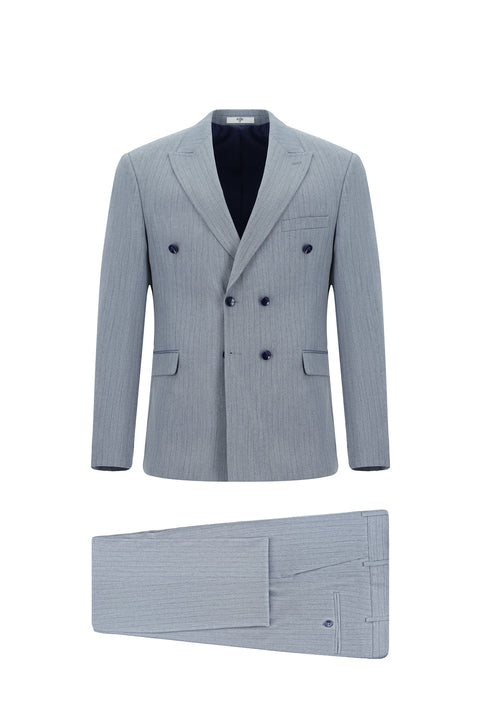 Light Blue 7 Drop Slim Fit Striped Double-Breasted Suit