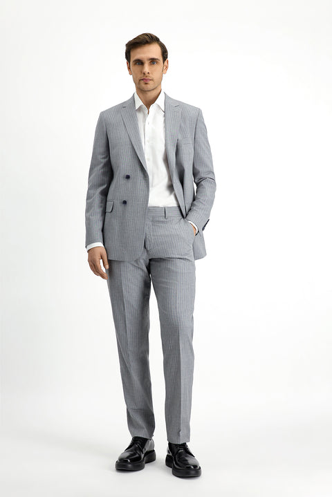Medium Grey 6 Drop Regular Fit Standard Cut Striped Double-Breasted Suit