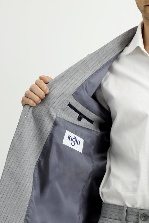 Medium Grey 6 Drop Regular Fit Standard Cut Striped Double-Breasted Suit