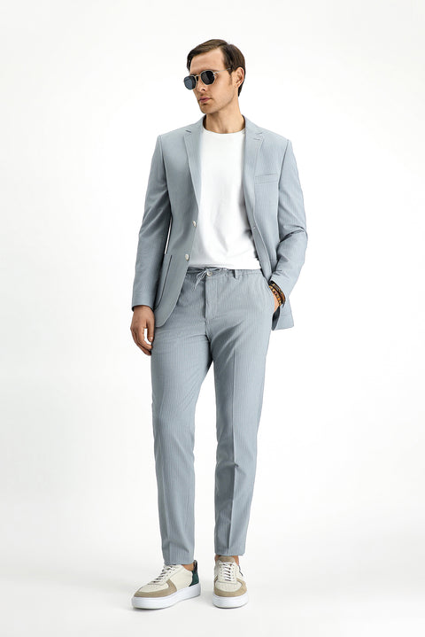 Orta Gri 7 Drop Super Slim Fit Eksra Dar Kesim Çizgili Beli Lastikli İpli Gofre Takım Elbise