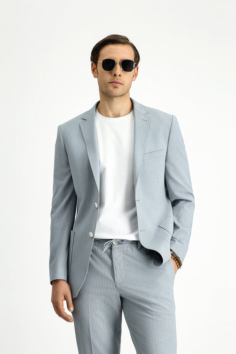Orta Gri 7 Drop Super Slim Fit Eksra Dar Kesim Çizgili Beli Lastikli İpli Gofre Takım Elbise