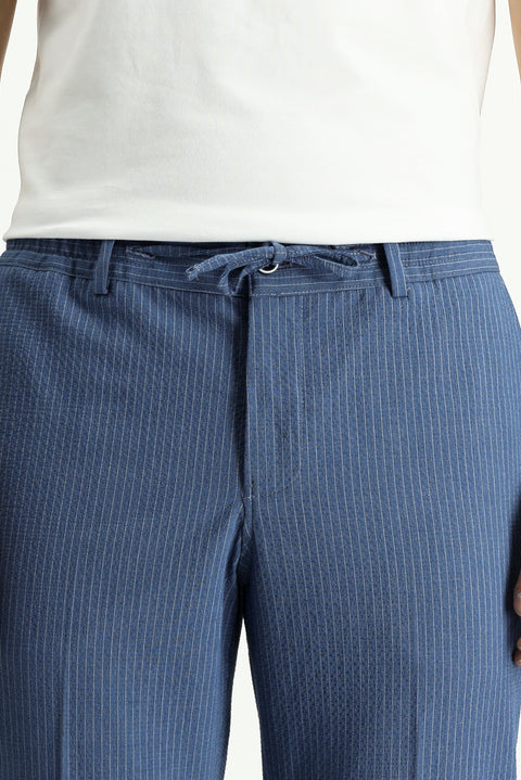 Indigo 7 Drop Super Slim Fit Extra Narrow Cut Striped Elastic Waist Drawstring Waffle Suit