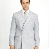 Açık Gri 7 Drop Slim Fit Dar Kesim Çizgili İtalyan Kesim Kruvaze Takım Elbise