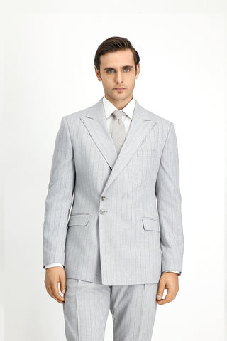  Açık Gri 7 Drop Slim Fit Dar Kesim Çizgili İtalyan Kesim Kruvaze Takım Elbise