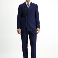 Koyu Lacivert 7 Drop Slim Fit Dar Kesim Çizgili İtalyan Kesim Kruvaze Takım Elbise