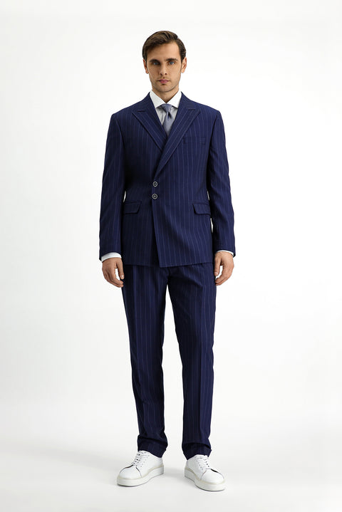 Koyu Lacivert 7 Drop Slim Fit Dar Kesim Çizgili İtalyan Kesim Kruvaze Takım Elbise