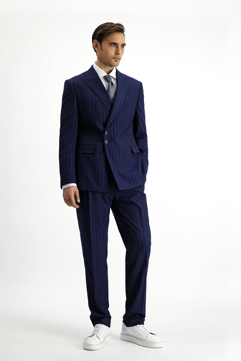 Koyu Lacivert 7 Drop Slim Fit Dar Kesim Çizgili İtalyan Kesim Kruvaze Takım Elbise