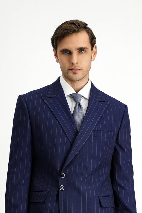Koyu Lacivert 7 Drop Slim Fit Dar Kesim Çizgili İtalyan Kesim Kruvaze Takım Elbise