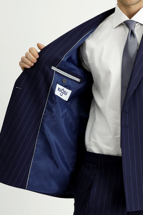 Koyu Lacivert 7 Drop Slim Fit Dar Kesim Çizgili İtalyan Kesim Kruvaze Takım Elbise