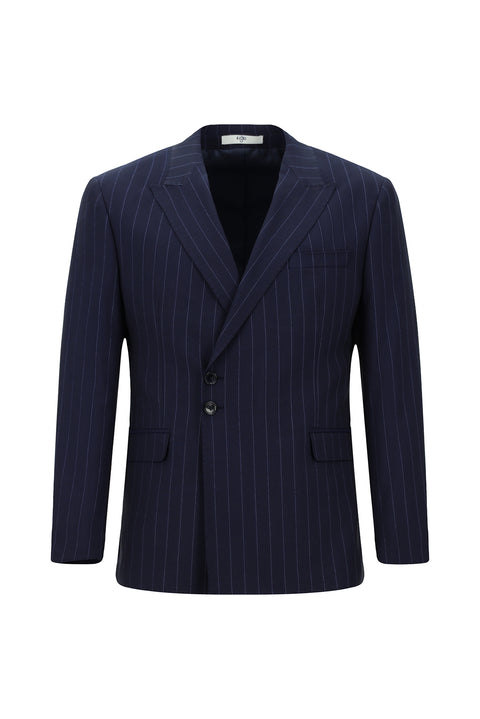 Koyu Lacivert 7 Drop Slim Fit Dar Kesim Çizgili İtalyan Kesim Kruvaze Takım Elbise