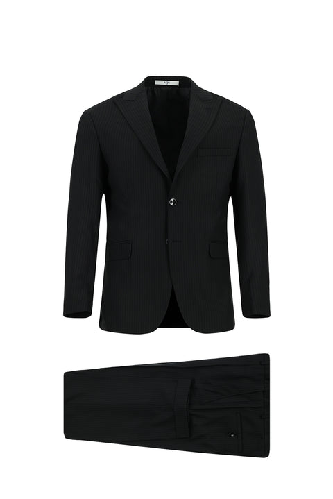 Black 6 Drop Regular Fit Standard Cut Striped Pleated Suit