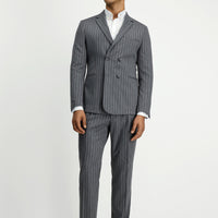 Medium Gray 8 Drop Muscle Fit Long Athletic Cut Striped Double-Breasted Suit with Buckle Waist